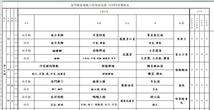 第十九週午餐菜單圖片