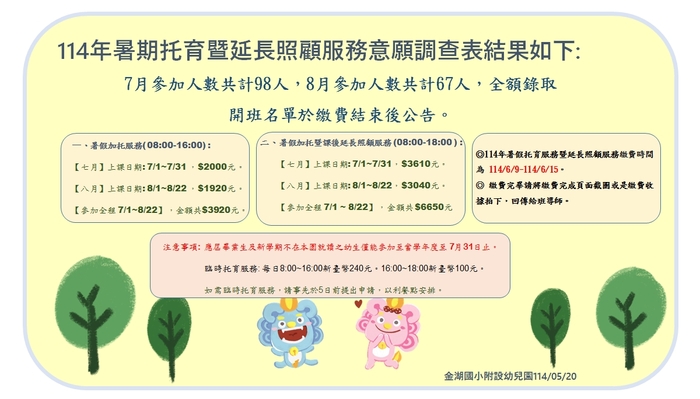114年暑期托育暨延長照顧錄取公告圖片